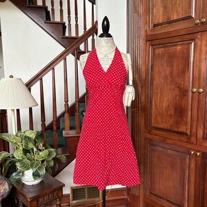 California Grown Retro Red White Polka Dot Halter A Line Dress Pinup Rockabilly